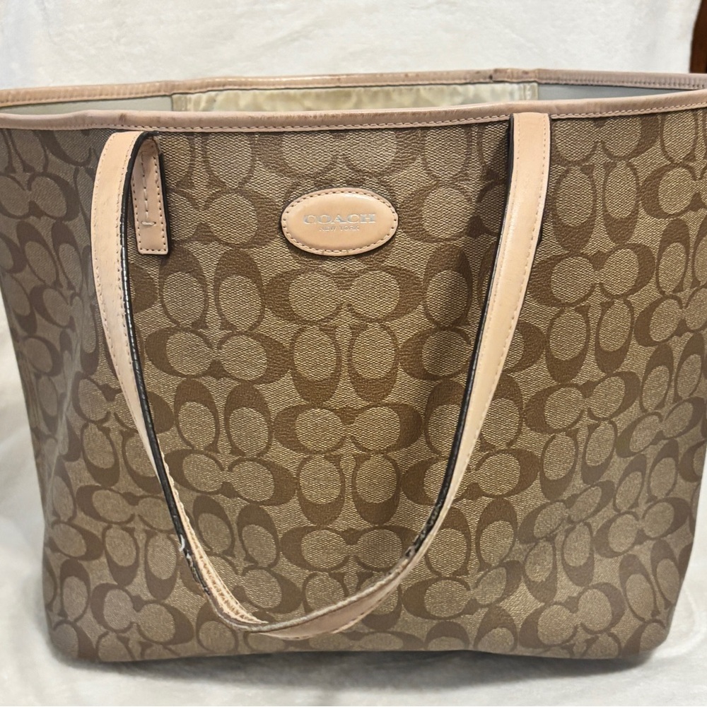 Coach Brown Monogram Tote Bag with Leather Trim